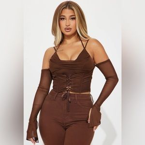 Brown Sheer-Sleeved Corset-Laced Crop Top